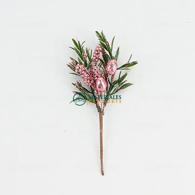 VARA DE FOLLAJE VERDE CON FRUTOS ROSAS